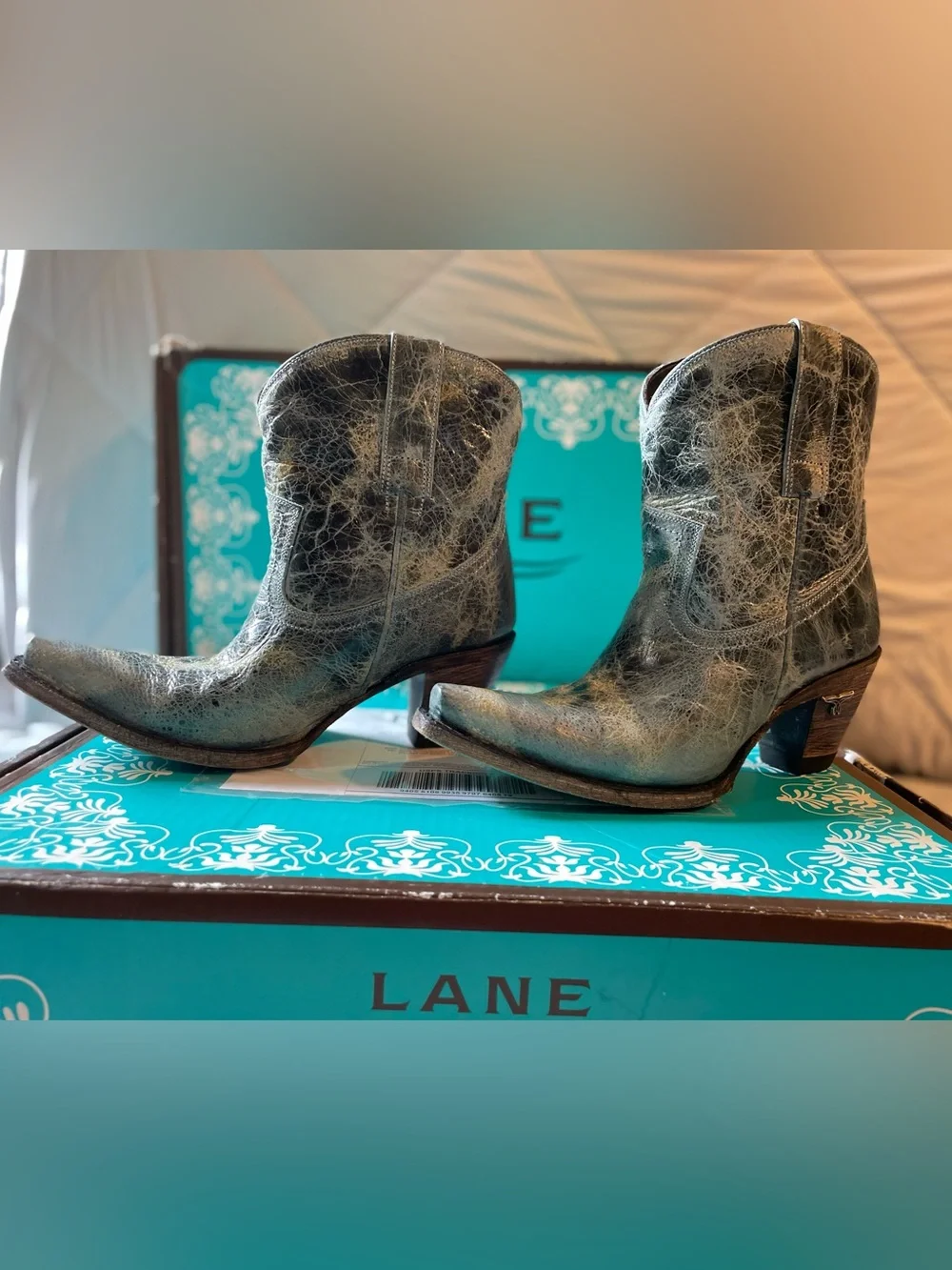 LANE Women's Teal Distressed Leather Western Ankle Boots